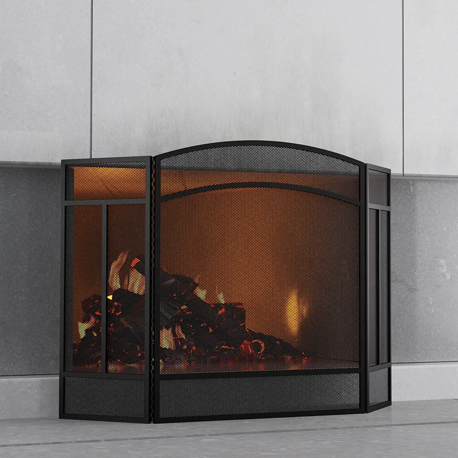 Fire Beauty Fireplace Screen 3 Panel Wrought Iron 48"(L) x 29"(H) Spark Guard Cover(Black)