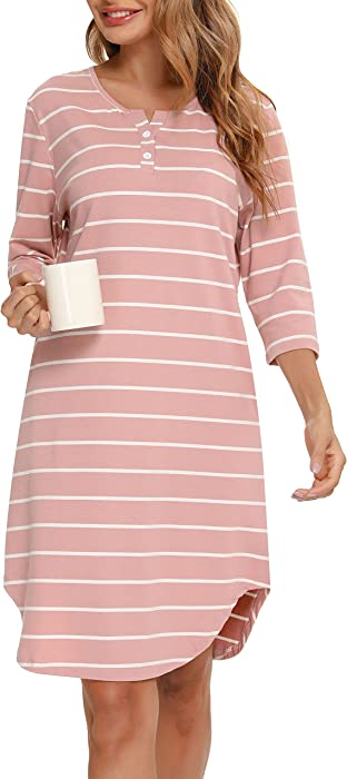 Vlazom Women’s Nightgowns Soft Cotton Stripe Nightdress 3/4 Sleeve Night Shirt Sleepwear with Pockets