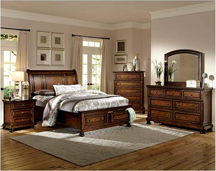 Thaweesuk Shop New Brown 5 Piece Luxurious Traditional Bedroom Set Furniture Queen Size Footboard Storage Bed Nightstands Dresser Mirror Solid Wood Hardwood Birch Veneer