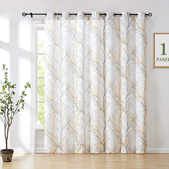 FMFUNCTEX Tree Yellow-White Sliding Door Curtain for Living Room 100inch x 84" Branch Print Linen Texture Semi Sheer Curtain Farmhouse Rustic Window Drapery 1 Panel Grommet Top 7ft