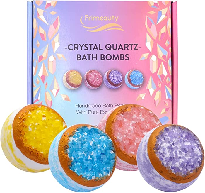 primeauty Crystal Bath Bombs Gift Set - 4 Natural Organic Bath Fizzies Aromatherapy Organic Bath Bomb for Women Men and Kids -Gift Ready Box