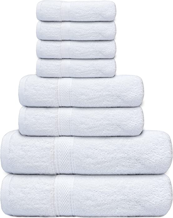 Aesthetic Towels White Towel Set (Pack of 8) -2 Bath Towels 2 Hand Towels 4 Wash Cloths 600 GSM Ring Spun 100% Cotton Towels for Bathroom, Quality Quick Dry White Shower Towels