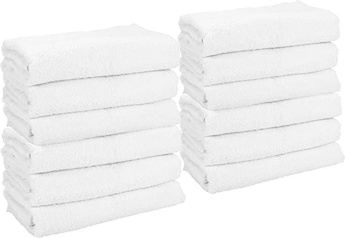 Arkwright Bath Towels (22x44, 12 Pack) with Center Stripes, Absorbent Power Gym Towel for Hotel, Spa, Pool (Plain White)