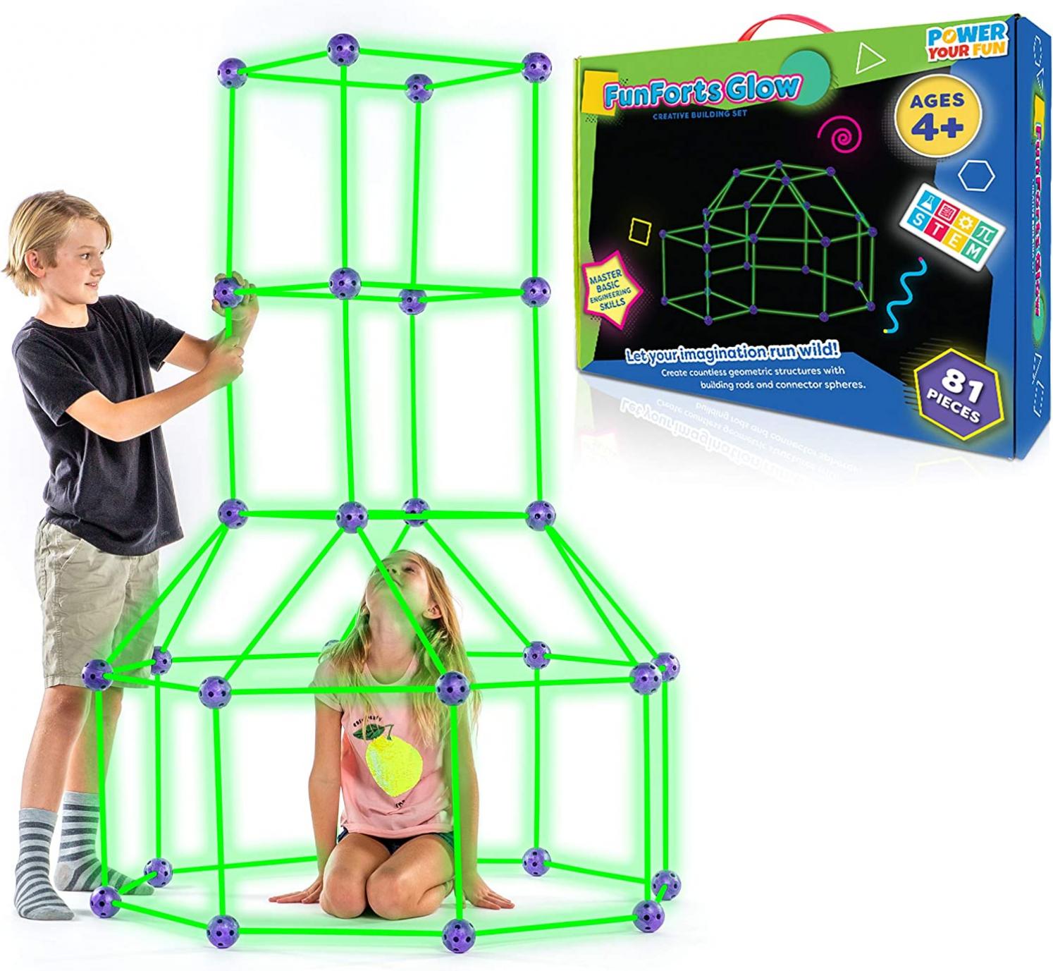 POWER YOUR FUN Fun Forts Glow Fort Building Kit for Kids - 81 Pack Glow in the Dark STEM Building Toys Indoor Outdoor Play Tent for Kids Construction Toys with 53 Rods and 28 Spheres