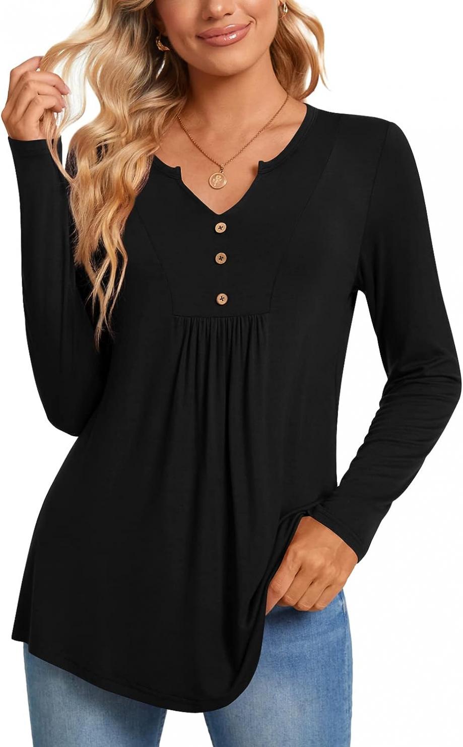 CATHY Womens Long Sleeve Tunic Tops Henley Shirt V-neck Button Down Blouse Casual Pleated Basic Pullover