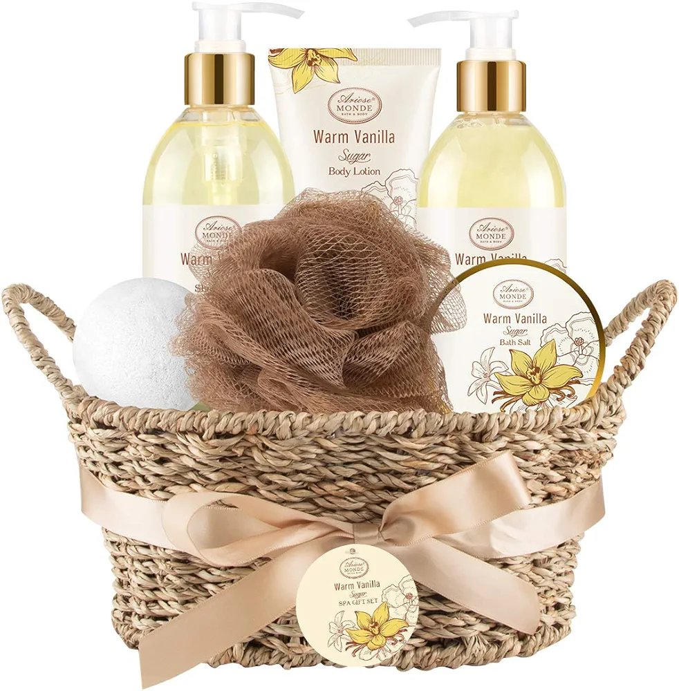 Bath & Shower Spa Basket Gift Set, Warm Vanilla Sugar Scent, with Shower Gel, Bubble Bath,Body Lotion, Bath Bomb,Bath Salt, Bath and Body Gift Box for Women