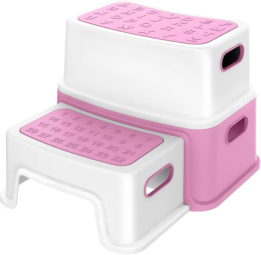 2 Step Stools for Kids - Toddler Step Stool with Non-Slip Base and Numbers/ABC, Toddler Two Step Stool for Toilet Potty Training, Bathroom, Kitchen Bedroom Toy Room and Living Room (Pink)