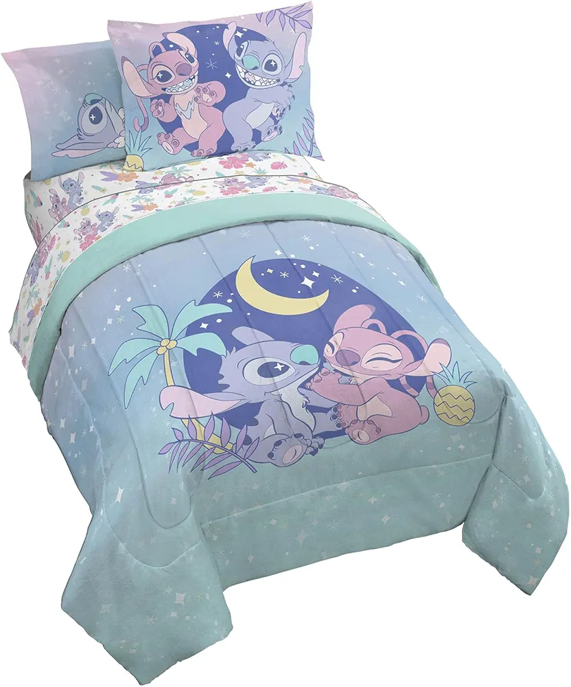 Disney Lilo and Stitch Full Size Comforter Set - 7 Piece Floral Bedding includes Sheet Set & Pillow Covers Features Angel - Super Soft Purple & Teal Stars Kids Bedding