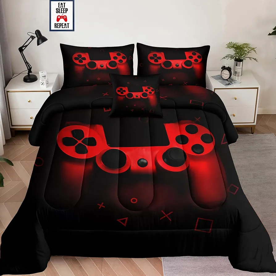 5 Pieces Bed in a Bag for Gaming Bedding Set,Boys Gamer Comforter Set with Flat Sheet,Fitted Sheet,Pillowcases,Cushion Cover,Game Console Pattern Bed Set for Kids Boys Room Decor A06T