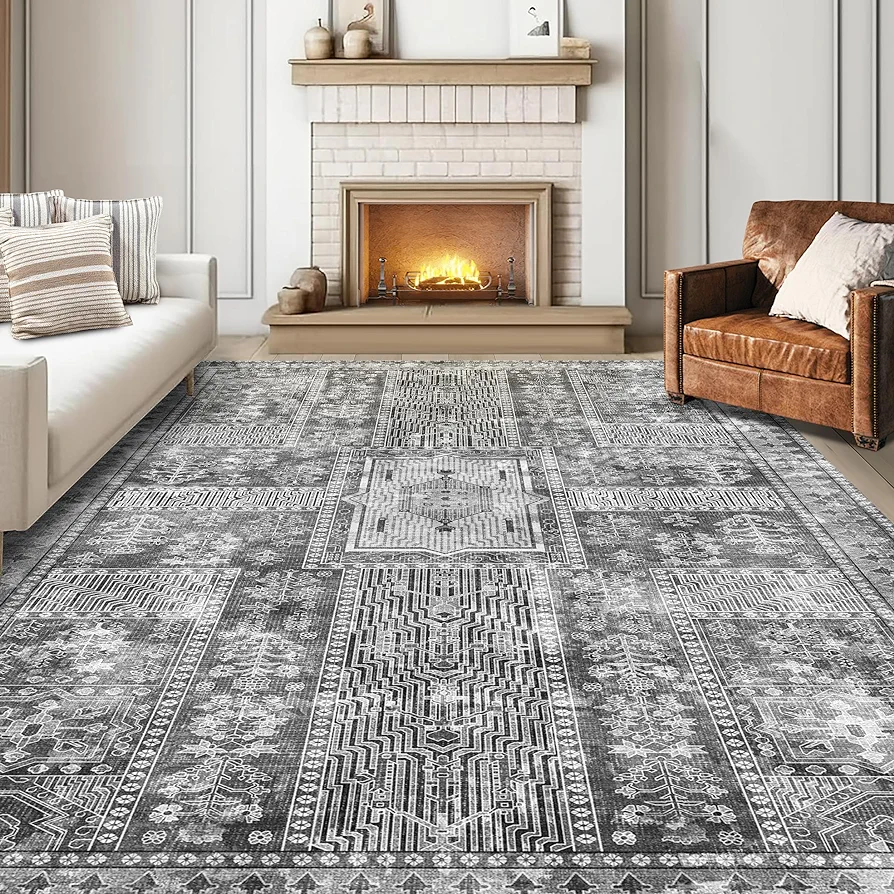 Vintage 5' x 7' Washable Area Rug - Stylish Indoor Rug for Living, Dining or Bedroom - Lightweight Carpet with Non-Slip Backing - Foldable for Easy Placement and Maintenance - Grey