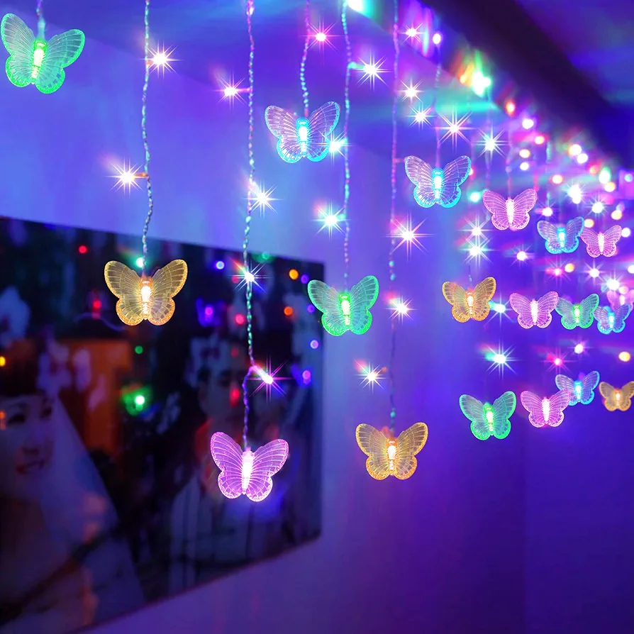 120 LED 20FT Butterfly Curtain Fairy Lights USB Pluged - 8 Modes Starry Twinkle Icicle String Lights with Remote Timer Waterproof for Kids Bedroom Christmas Wedding Party Dorm(Multicolor2)