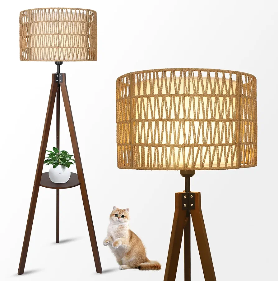 Boho Tripod Floor Lamp with Shelves, Mid Century Wood Standing Lamp with Rattan & Fabric Shades, ON/Off Foot Switch, Modern Farmhouse Tall Floor Lamps for Living Room Bedroom Office