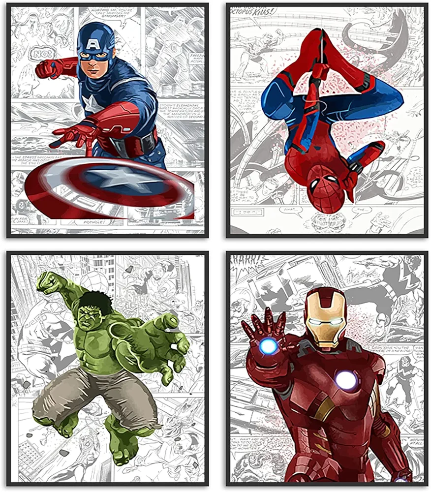 Superhero Posters Boys Wall Decor Poster Prints Set of 4 Unframed (8''x10'') Superheros Watercolor Poster Superhero Room Decor For Boys Superheroes Wall Decor Posters for Boys Room