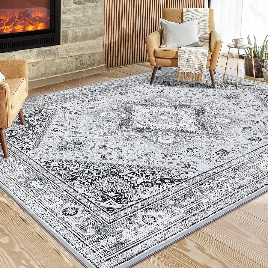 Washable Rug 5x7 Area Rug Bohemian Rug Vintage Oriental Rug Living Room Rug Non-Slip Boho Bedroom Throw Mat,Grey Floral Printed Non-Shedding Carpet for Dining Room Dorm,5x7