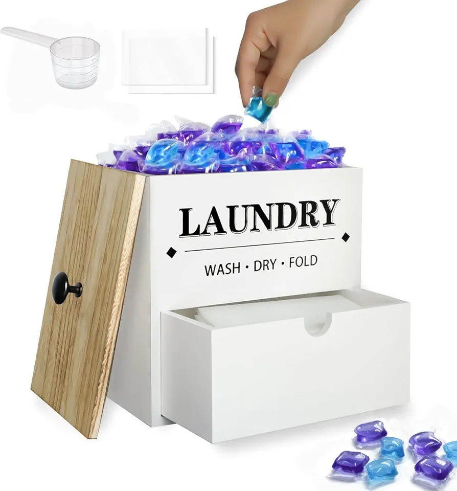 Laundry Pods Container & Dryer Sheet Holder, MEIXINZHI Wood Laundry Pod Dispenser with Drawer and Lid, Farmhouse Dryer Sheet Container Wall Mount for Laundry Room Organization and Storage