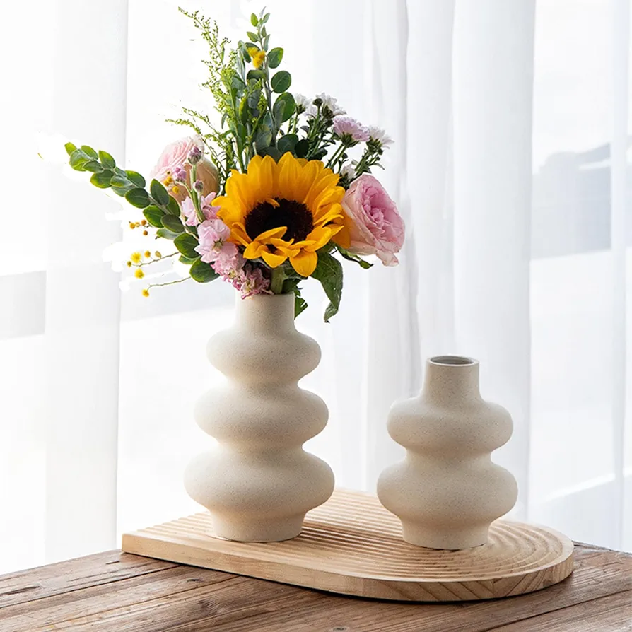 Ceramic Vases - Set of 2, Modern Vase for Dining Room, Living Room, Wedding Dinner Table, Home Decorations Vase,Off White Round Vases, Boho Vase for Decor