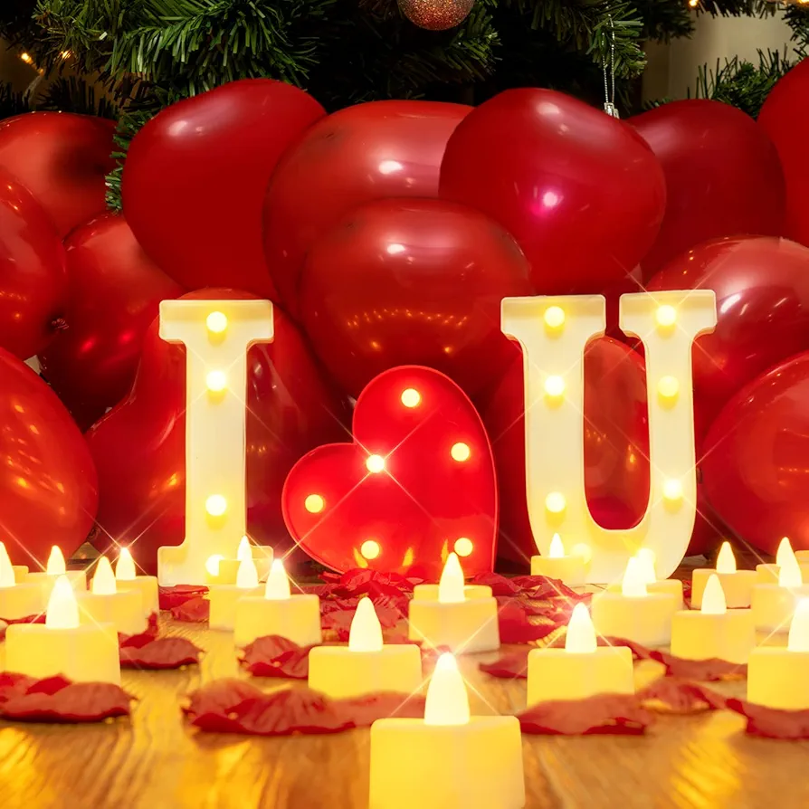 Homemory I Love U Light Up Letters Proposal Decorations, I Love U Sign with 24Pcs Flameless Candles 1000Pcs Red Fake Rose Petals 30Pcs Red Balloons for Valentine's Day Wedding Proposal Romantic Night