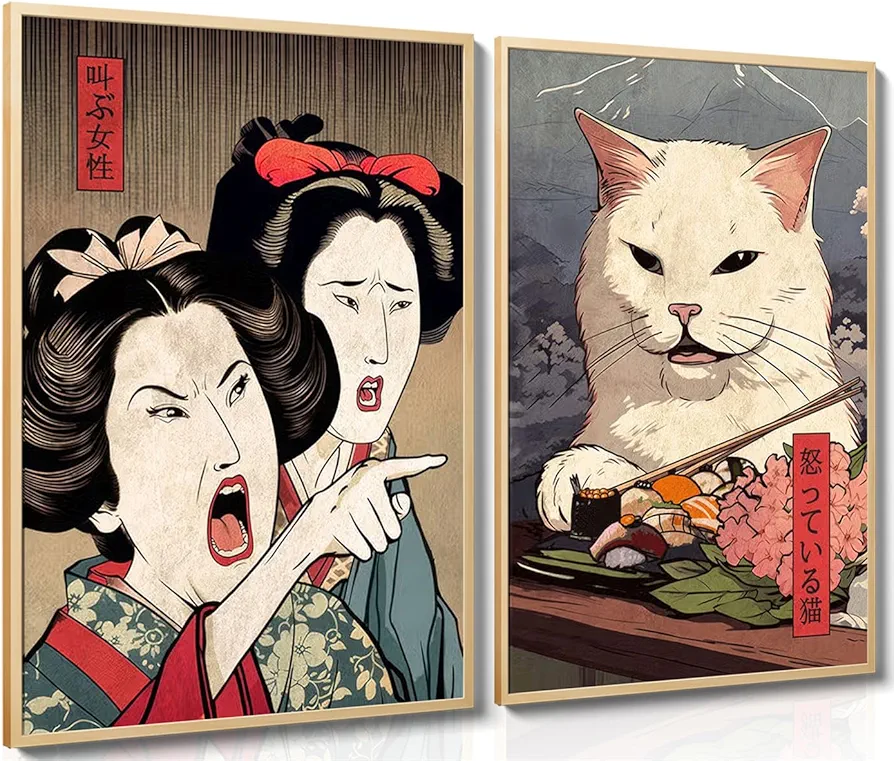 Funny Japanese Decor Canvas Wall Art Set of 2 - Woman Yelling at Cat Posters Prints, Vintage Anime Wall Art for Living Room, Dining Room, Kitchen Home Decor - 12x16 in Unframed