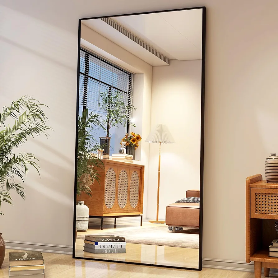 Easly Full Length Mirror with Stand 34"x76" Full Body Mirror Floor Mirror Standing Hanging or Leaning Wall, Wall Mirror with Stand Aluminum Alloy Frame for Living Room Bedroom Cloakroom,Black