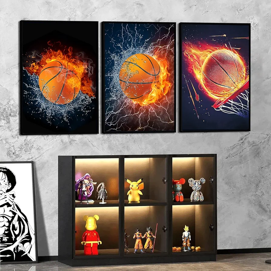 Basketball Canvas Wall Art For Boys Room Basketball Posters Raging Fire Basketball Sport Art Basketball Motivational Poster Basketball Art for Gym Teenage Boy Room Decor Gift 3 Set 12x16inch Unframed