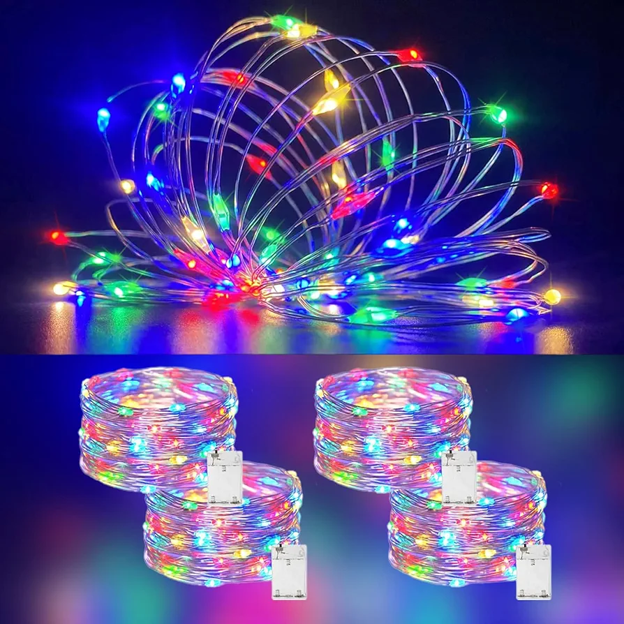 Battery Operated String Lights Fairy Lights Mini 5M 4Pack 50 LED Cooper Wire for Each Flexible for DIY Outdoor Waterproof Christmas Tree Decoration Bedroom Party Wedding (Multicolor)