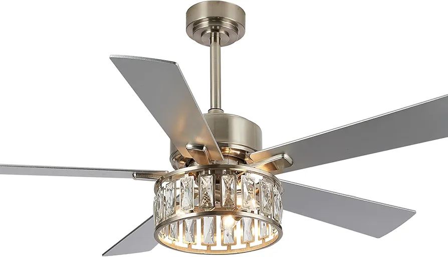 Farmhouse Caged Ceiling Fans with Lights Remote Control, 52" Modern Crystal Chandelier Fan, Chrome Rustic Quiet Motor Ceiling Fan with 5 Reversible Wood Blades for Living Room, Bedroom