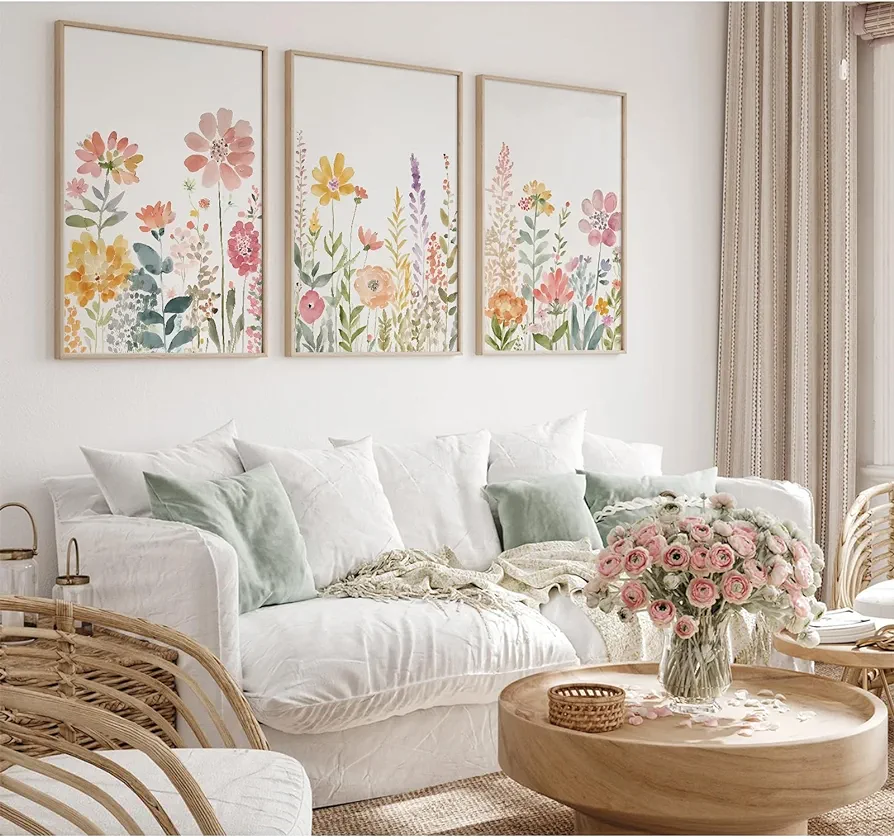 Watercolor Wildflower Wall Art Decor Colorful Flower Pictures Canvas Floral Botanical Wall Art Vintage Prints Poster Floral Painting Artwork for Living Room Bedroom 16x24 Inch Unframed Set of 3