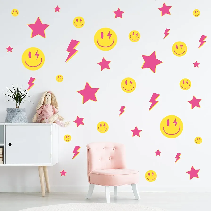 Whaline 156Pcs Preppy Wall Stickers Lightning Bolt Smile Star Wall Decals Pink Room Mural Thunder Stickers Aesthetic Vinyl Wall Decals for Party Home Nursery Decor, 7.9 x 11.8 Inch, 12 Sheets