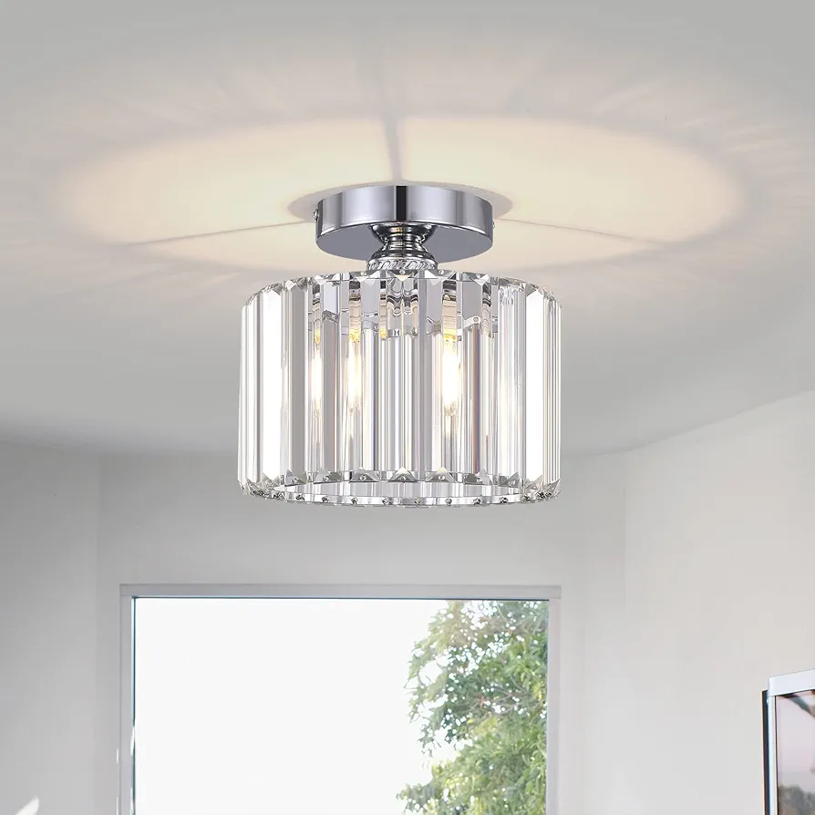 Semi Flush Mount Ceiling Light, Modern Chandelier Crystal Ceiling Light Fixture,Small Close to Ceiling light for Living Room Bedroom Hallway Bathroom Kitchen Entryway with E26 Base (Silver)