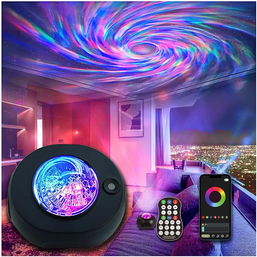 Galaxy Projector Ceiling Decor Star Light Projector Psychedelic Swirling Bedroom Decor,Smart Skylight with Bluetooth Music Speaker, APP Control (Black Hole)