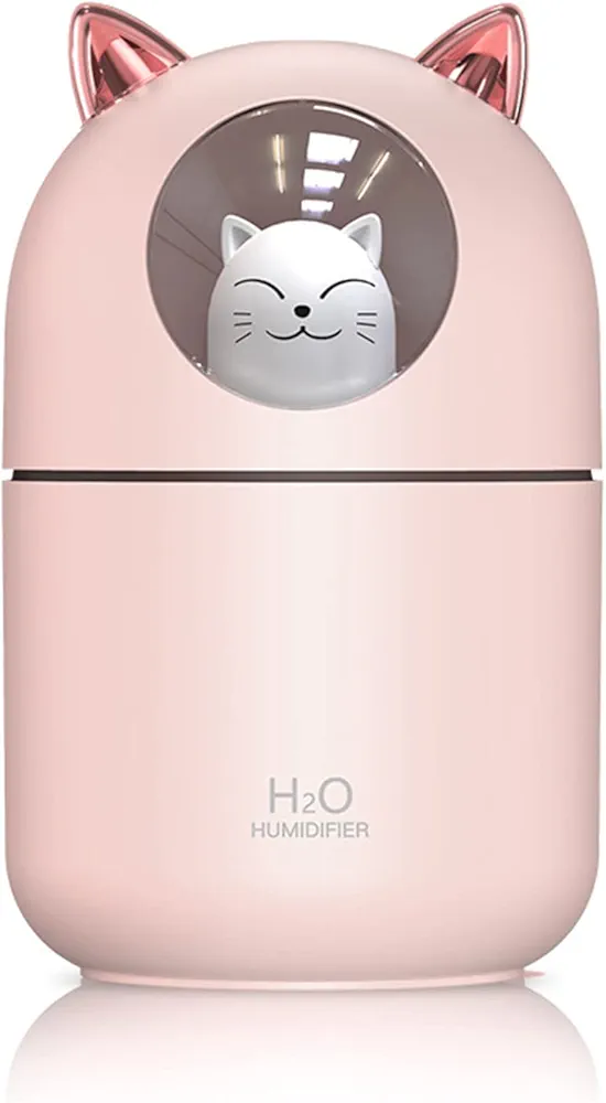 Small Humidifiers for Bedroom - 300ml Mini Cute Cool Mist Humidifiers with Night Light, 2 Spray Modes, Ultra-Quiet, Portable Personal Air Humidifier for Women Kids Room Office Desk (Pink)