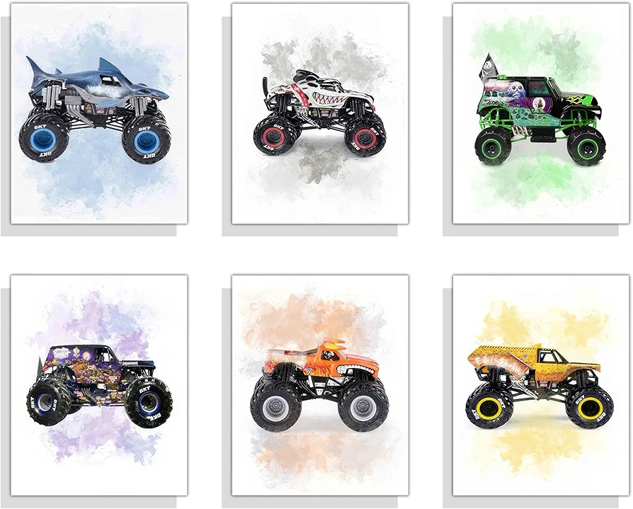 zyfmyc Kids Wall Art Monster Truck Poster Watercolor Monster Jam Room Decor Bedroom Posters Canvas Picture Prints Painting Car Posters Kids Room Boys Room Bedroom Set of 6 (8x10 in) Unframed