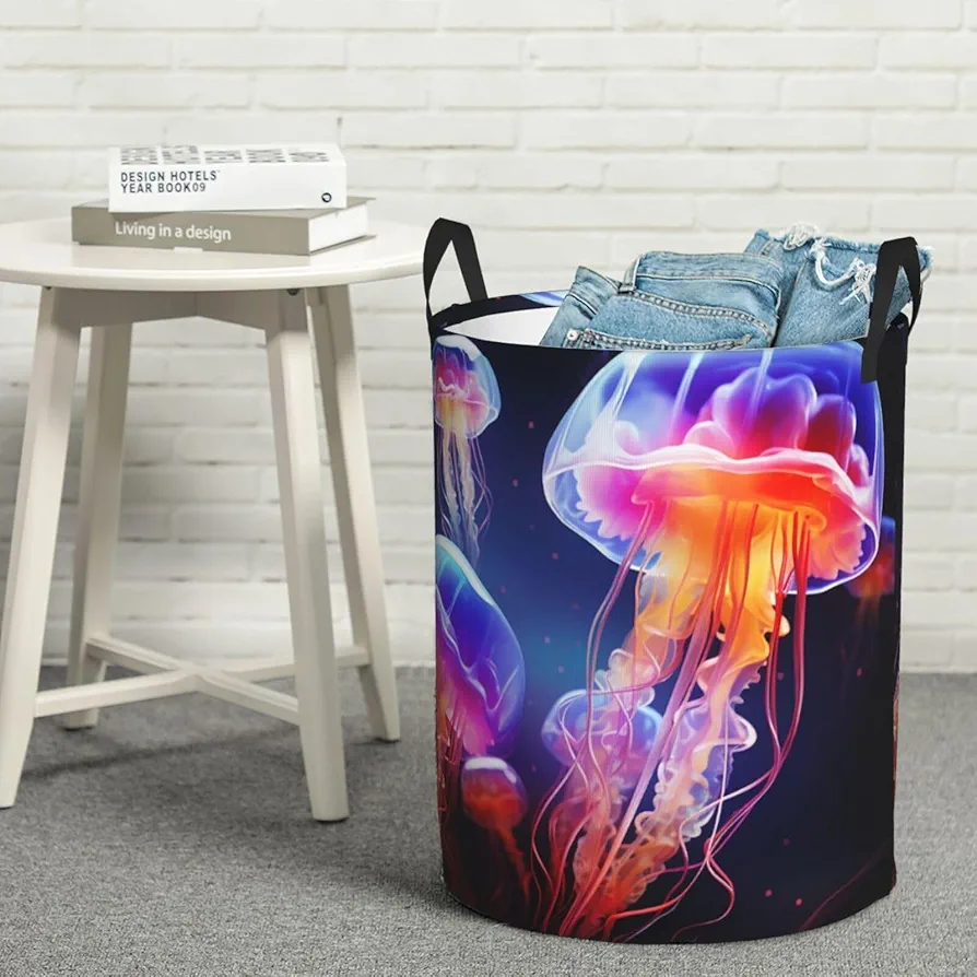 Laundry Basket Waterproof Laundry Hamper With Handles Dirty Clothes Organizer Colorful Jellyfish Print Protable Foldable Storage Bin Bag For Living Room Bedroom Playroom, Medium, Black