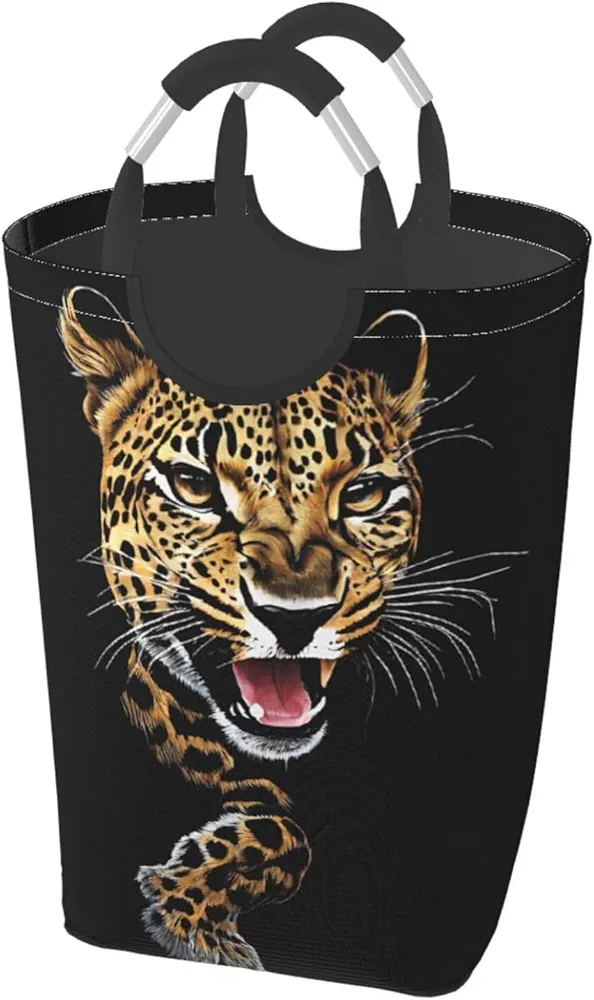 Laundry Basket Collapsible Clothes Hamper for Dirty Clothes, Laundry Bag with Handles Blanket Toys Storage Blanket, Dorm Room Essentials Accessories - Cute Leopard, Black