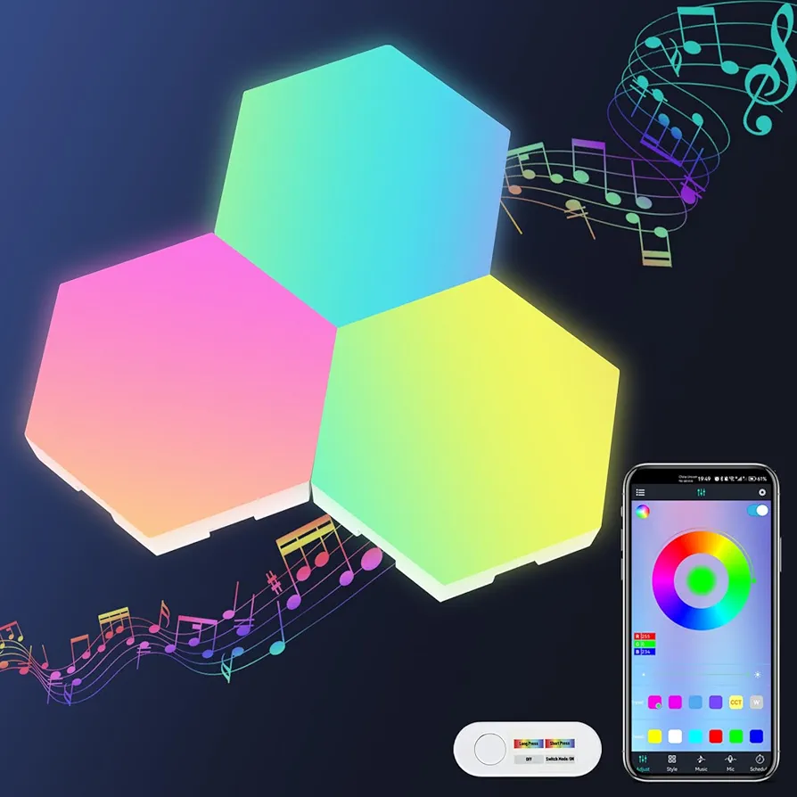 Hexagon Lights, Hexagon Led Gaming Lights, Hex Lights for Wall Led with APP Smart Control Hex Led Tiles and Music Sync RGB, Led Wall Panel for Gaming Room (3 Pack)