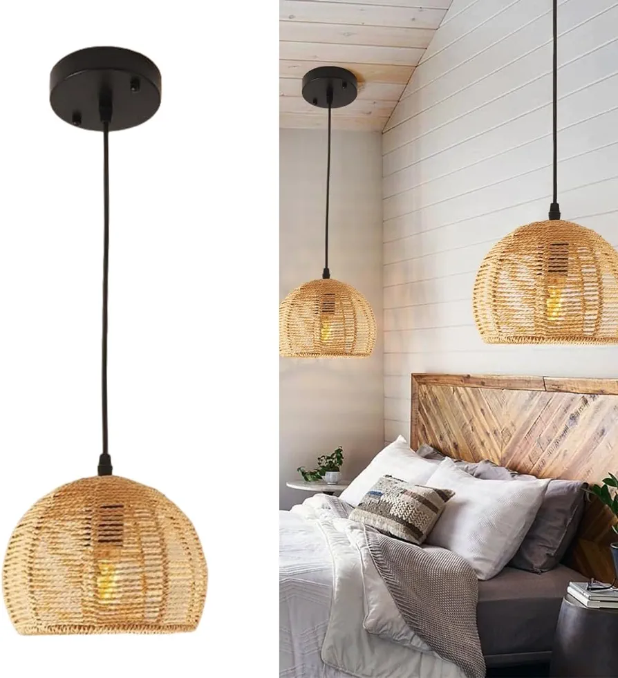 DELIPOP Pendant Light, Woven Rattan Farmhouse Pendant Light Fixtures, Black Wicker Boho Light Fixtures Ceiling Hanging for Kitchen Island, Dining Room, Living Room, Hallway