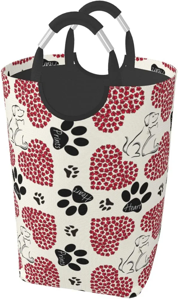 Collapsible Laundry Basket with Aluminum Handle, 50L Large Capacity Waterproof Heart Pet Dog Cat Paw Pattern Dirty Clothes Hamper for Bedroom Bathroom Living Room