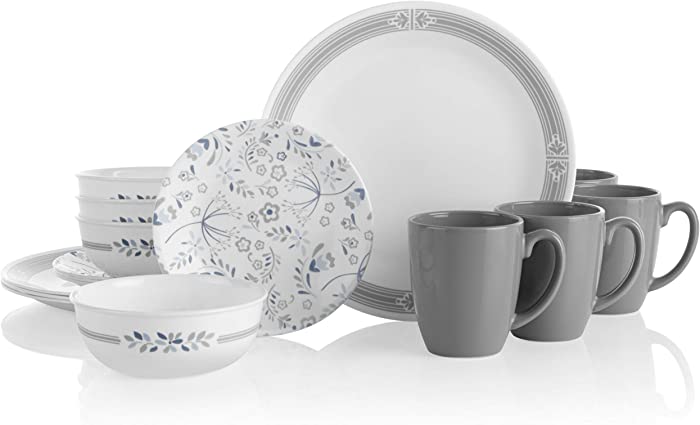 Corelle Prairie Garden Grey Chip & Break Resistant 16pc Dinner Set, Service for 4