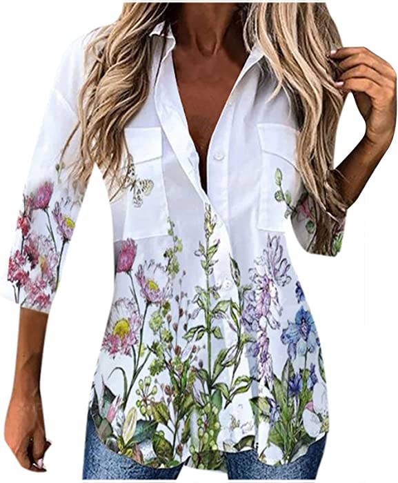 5665 Women Hawaii Button-Down Shirts, 3/4 Sleeves Casual Blouse High Low Side Slit V-Neck Beach Pockets T-Shirt Tunic Tops