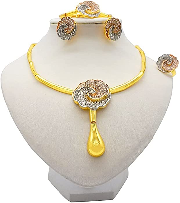 LIZUAN6868 Jewelery Set Rhinestone Flowers Fashion Water Droplets Jewelries Women Bridal Wedding Dubai African Chokers Necklace Jewellery