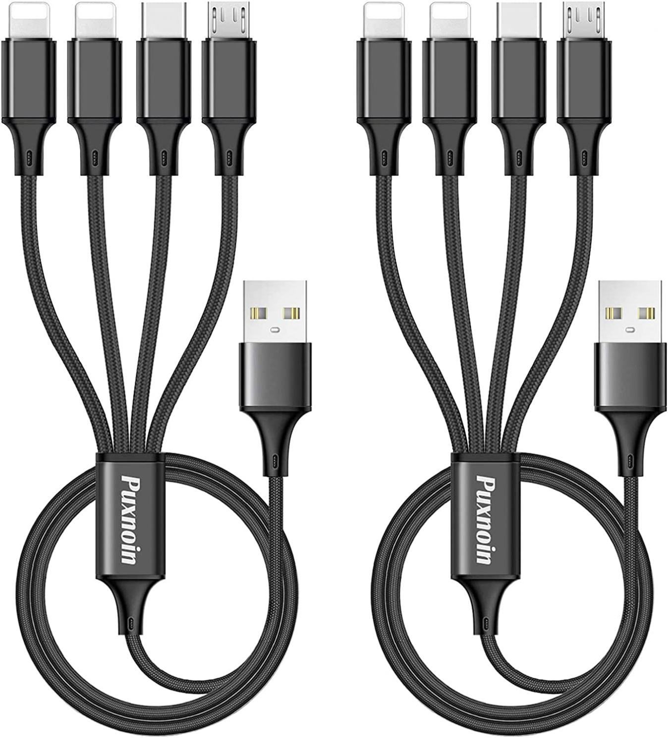 Multi Charging Cable, Multi Charger Cable 2Pack 4FT Nylon Braided Universal 4 in 1 Multiple USB Cable Fast Charging Cord Adapter with Type-C, Micro USB Port Connectors for Cell Phones Tablets and More