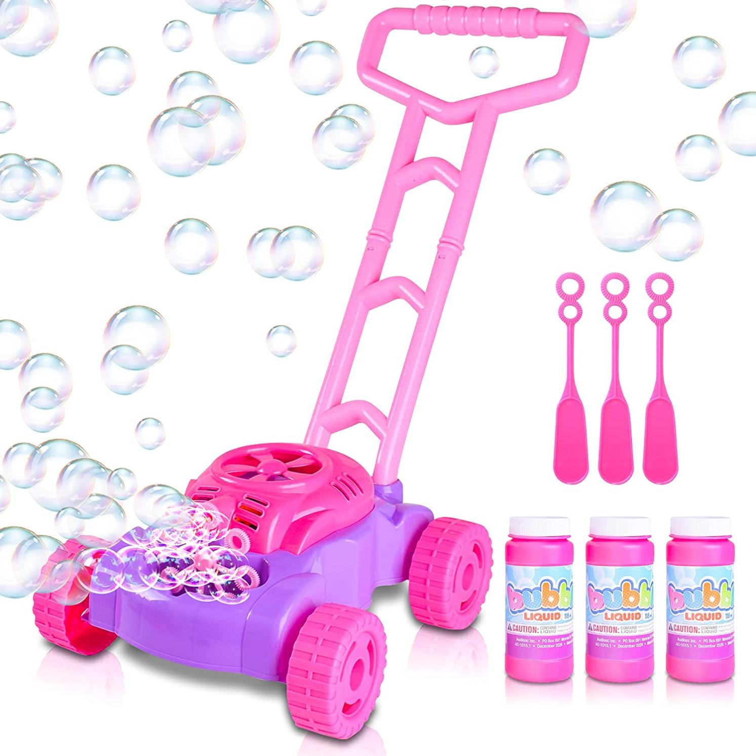 ArtCreativity Pink and Purple Bubble Lawn Mower for Toddlers | Electronic Bubble Blower Machine | Fun Bubbles Blowing Push Toys for Kids | Bubble Solution Included | Christmas Birthday Gift for Girls