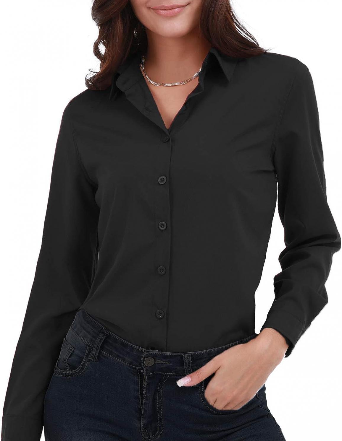 Gemolly Women's Basic Button Down Shirts Long Sleeve Plus Size Simple Stretch Formal Casual Shirt Blouse