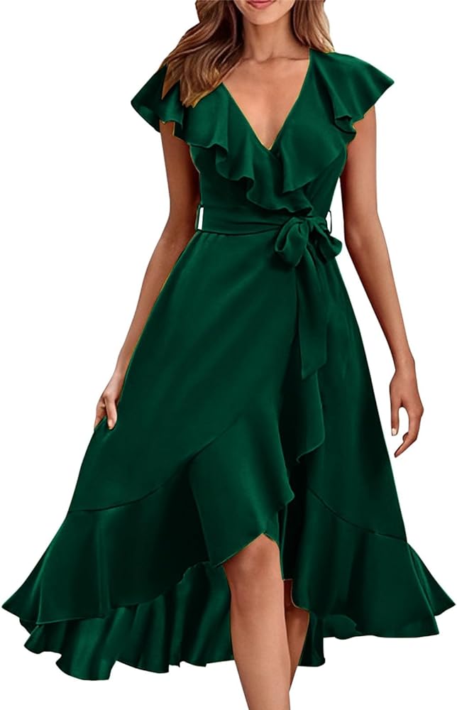 Maxi Dresses for Women 2024 Summer Plus Size Wrap V Neck Sexy Dress Sleeveless Ruffle Flowy Tied Waist Wedding Guest Dresses