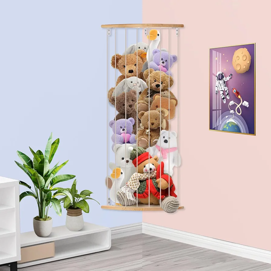 Stuffed Animal Storage Corner Holder, Hanging Stuffed Animal Organizer Wood Soft Toy Shelf for Corner with Adjustable Height, Plush Toy Shelf for Nursery Playroom, Bedroom, Kids Room