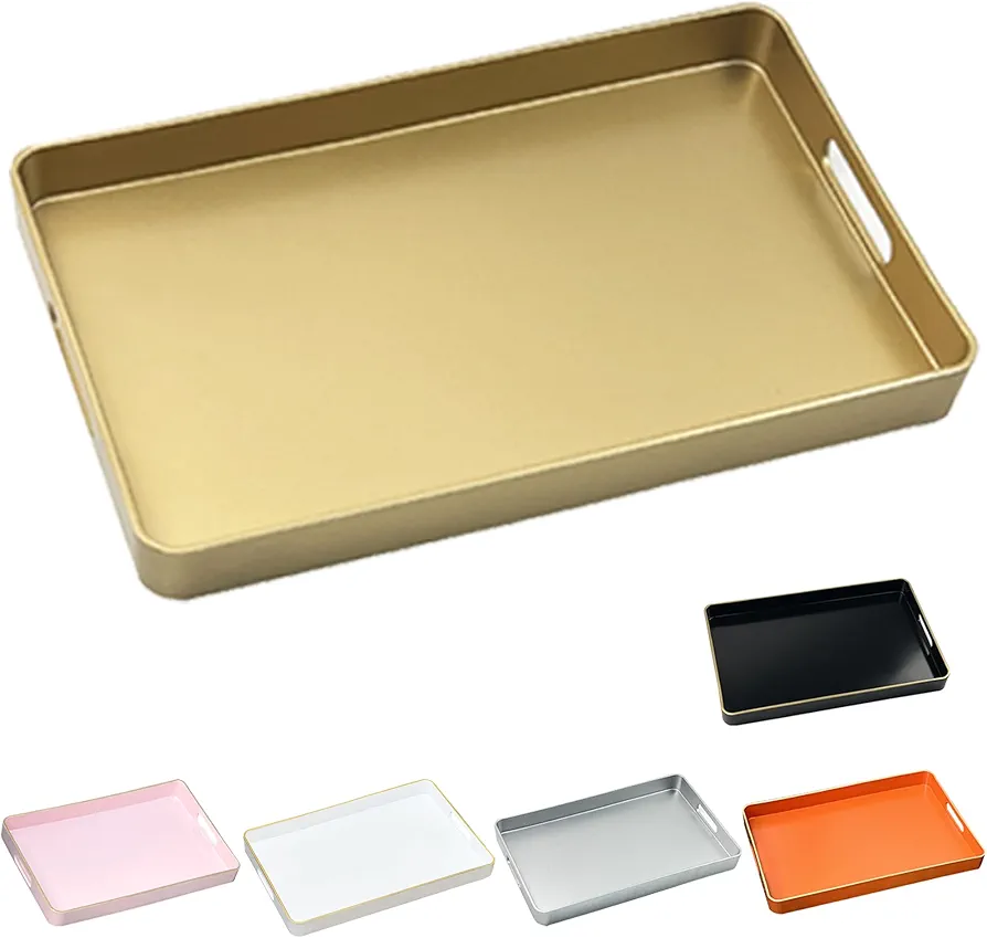 Serving Tray with Gold Trimming,Rectangular Sturdy Serving Trays with Handles, Coffee Table Tray Plastic Tray for Ottoman Living Room, Bathroom,Home Decor 15.7" L x 10.2" W x 1.57" H(Gold