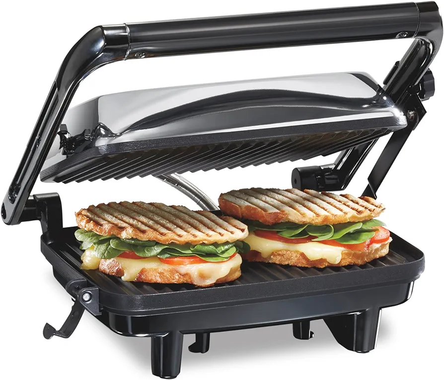 Hamilton Beach Panini Press Sandwich Maker & Electric Indoor Grill with Locking Lid, Opens 180 Degrees for any Thickness for Quesadillas, Burgers & More, Nonstick 8" x 10" Grids, Chrome (25460A)