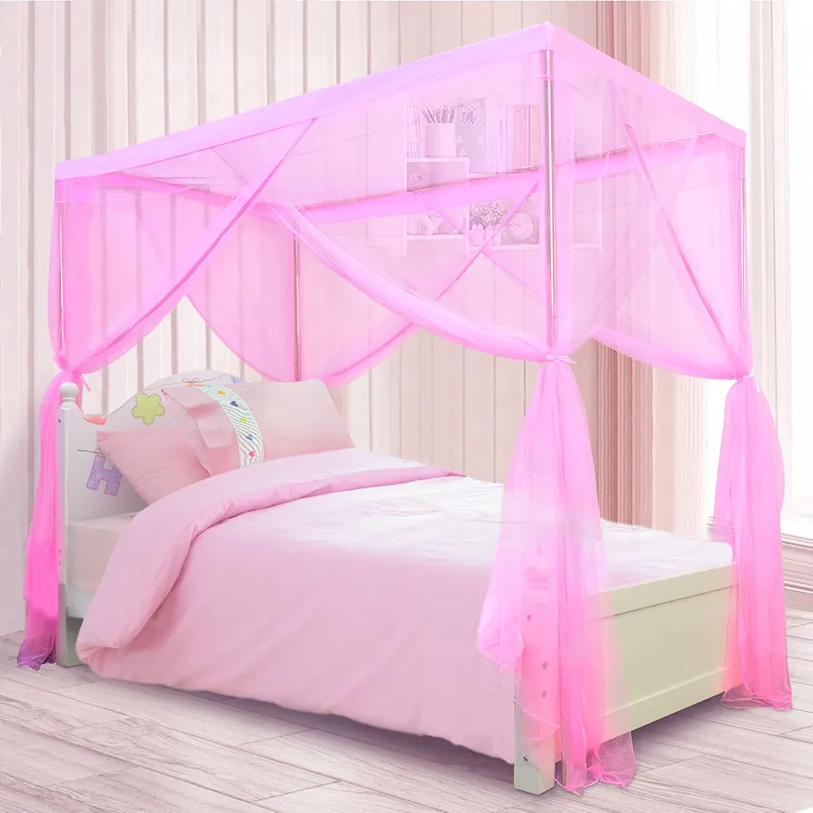 South to East Princess Canopy Bed Curtains for Girls kids Bed Canopy for Girls 4 Post Bed Curtains Princess Bed Canopy for Girls Room Decor Twin Size Pink, 79" * 39" * 75"