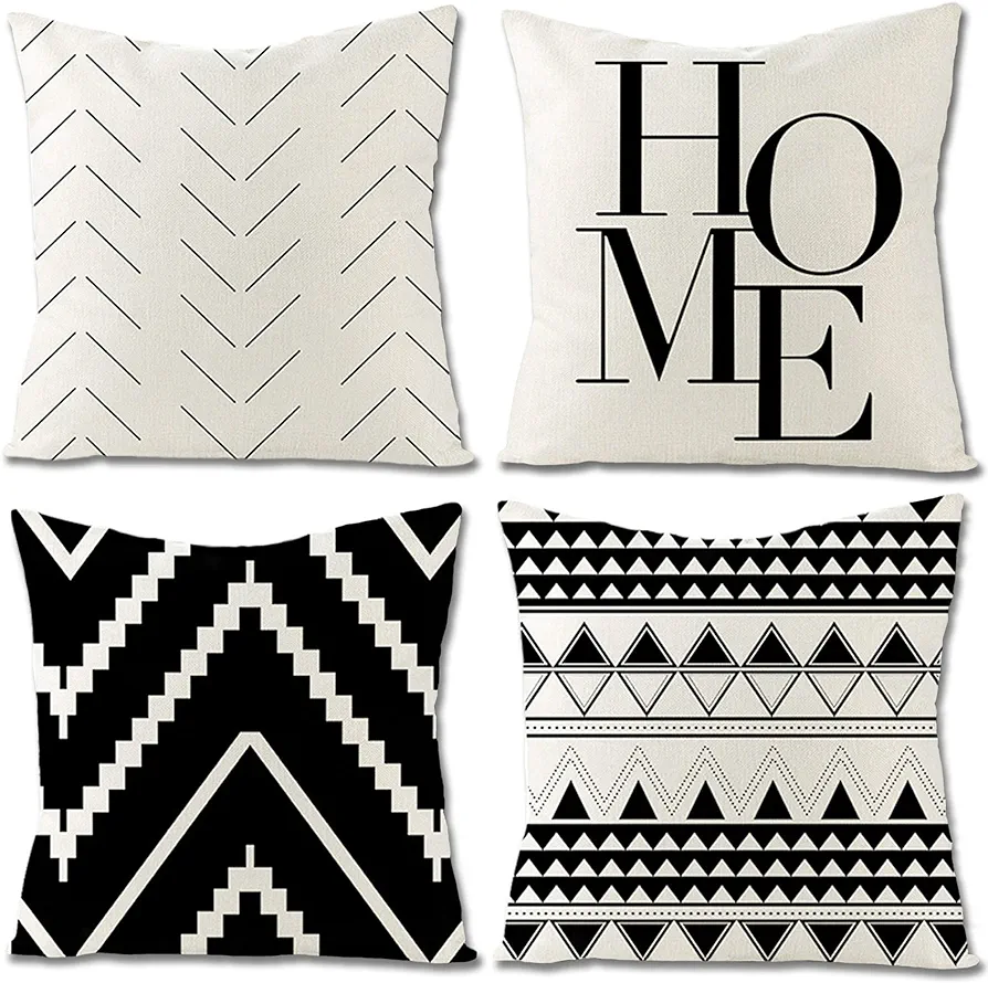 Set of 4 Decorative Throw Pillow Covers 18x18 Inch for Couch, Black and White/Cream Square Accent Pillows Case for Cushions Sofa Bed and Living Room Farmhouse Outdoor Decoration (Black)