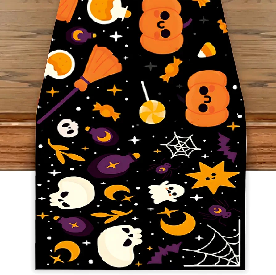 Halloween Table Runner Ghost Skeleton Pumpkins 13 x 72 Inch Burlap Holiday Seasonal Table Runner for Halloween Party Kitchen Dinning Room Table Decoration